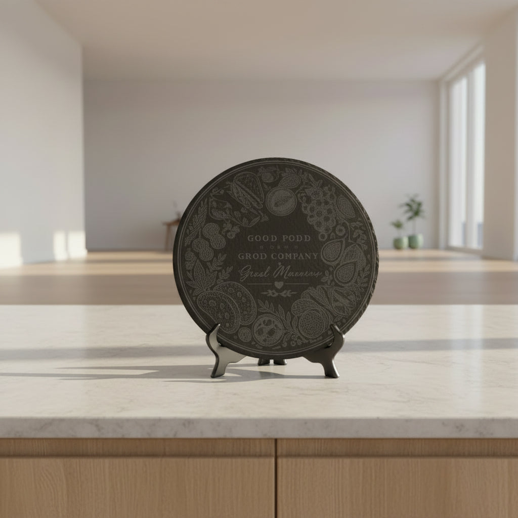 A round dark gray slate coaster with engraved illustrations of food and the text 'GOOD FOOD GOOD COMPANY Great Memories', placed on a beige textured fabric surface.