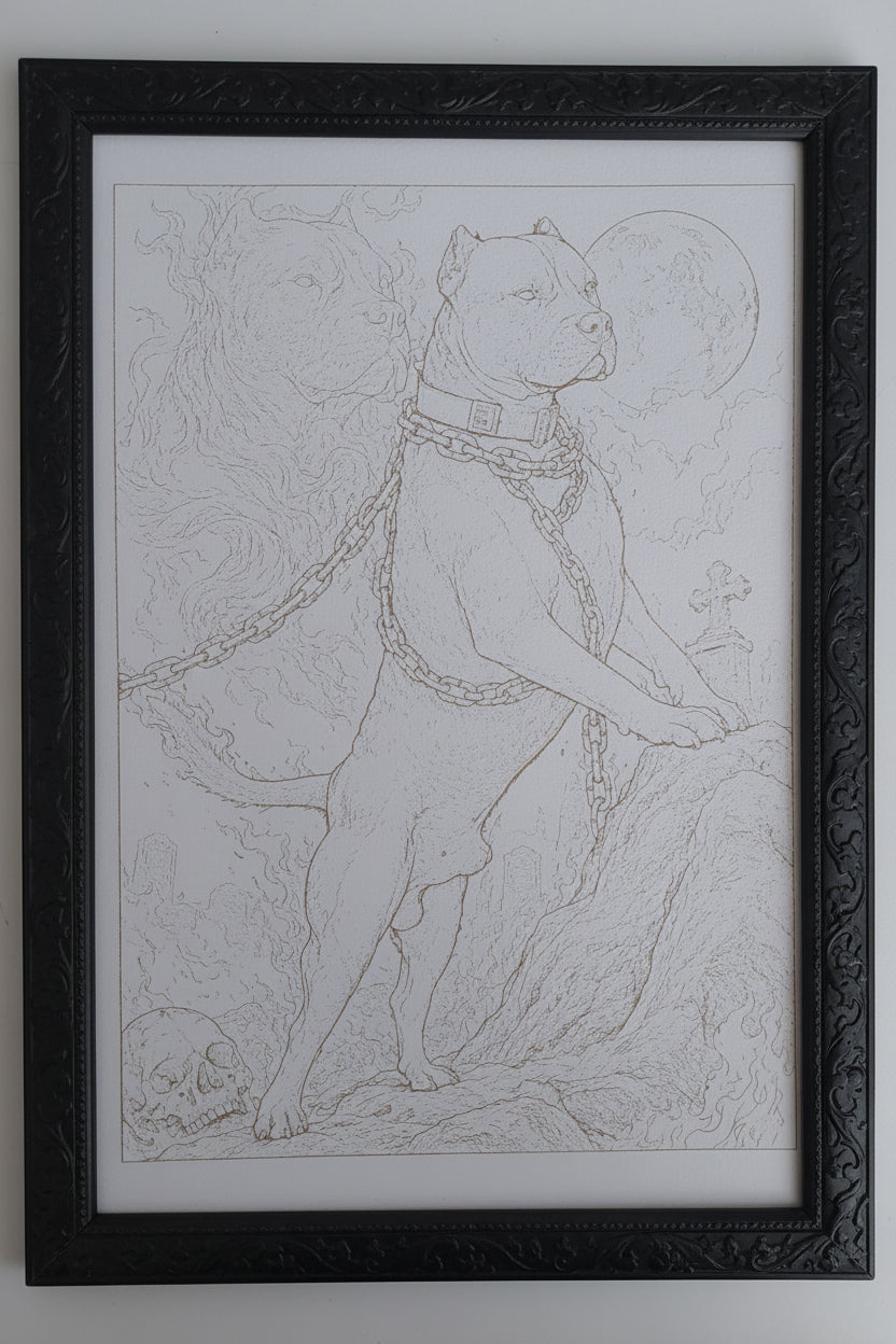 A monochrome line drawing of a muscular dog standing on a rock, wearing a collar and chain, with a large circular moon or sun in the background and a skull at the lower left.