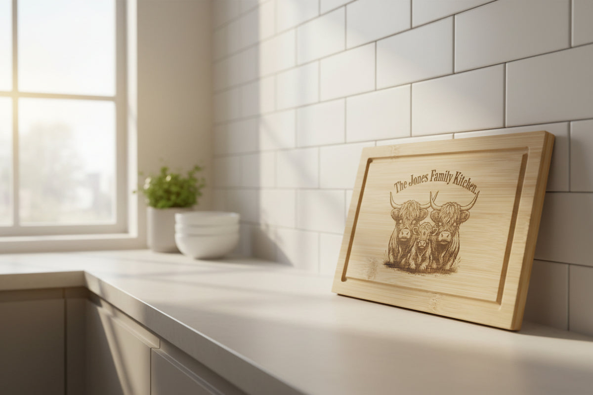 A rectangular wooden cutting board with a recessed border, featuring a laser-engraved illustration of three Highland cows and the text 'The Jones Family Kitchen' on a light wood surface, set against a neutral beige background.