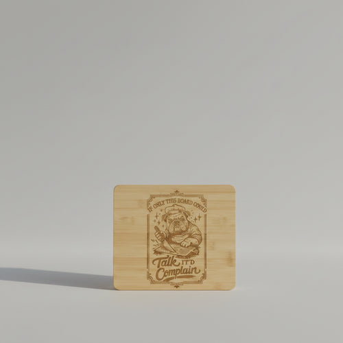 A rectangular bamboo cutting board with rounded corners, featuring a brown engraved illustration of a bulldog wearing a chef's hat and the text 'IF ONLY THIS BOARD COULD Talk IT'D Complain'.