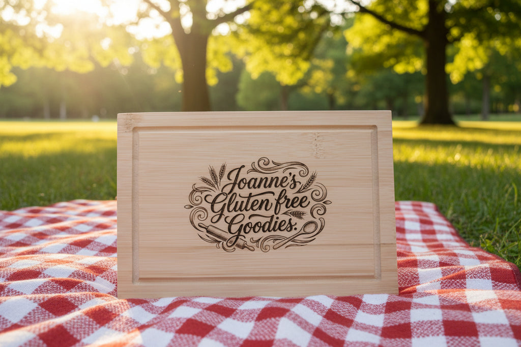 A rectangular light wood cutting board with a recessed border and a laser-engraved design that reads 'Joanne's Gluten free Goodies' in decorative script, surrounded by wheat and scroll motifs. The board is photographed flat against a textured gray background.
