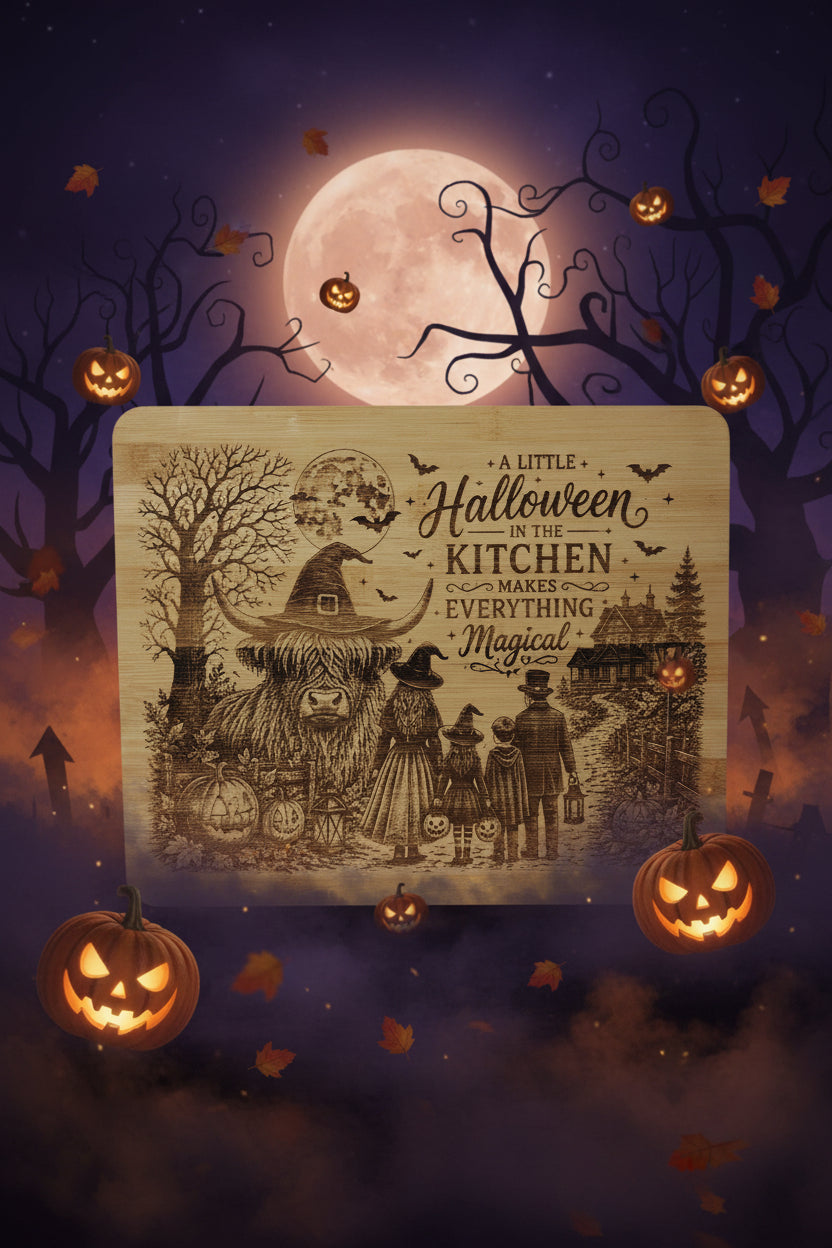 A rectangular wooden plaque with rounded corners, featuring a detailed Halloween-themed engraving and the text 'A LITTLE Halloween in the KITCHEN makes everything Magical', resting on a gray textured fabric surface.
