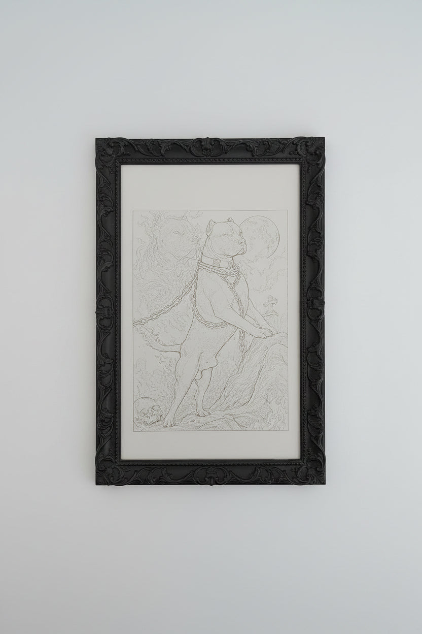 A monochrome line drawing of a muscular dog wearing a collar and chain harness, standing on a rocky surface with a circular moon or sun in the background.