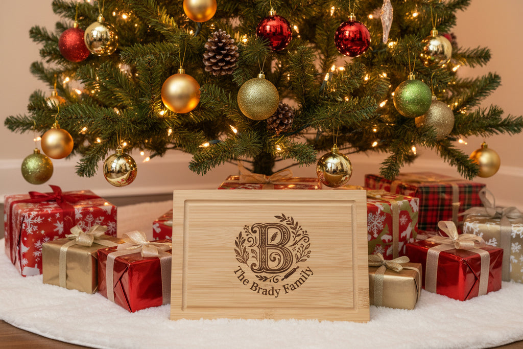 A rectangular light wood cutting board with a recessed center, featuring a custom laser-engraved monogram 'B' with floral details and the text 'The Brady Family' on a gray textured background.