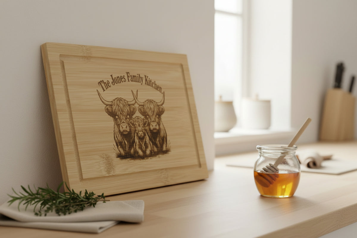 A rectangular light wood cutting board with a recessed center, featuring a laser-engraved design of three Highland cows and the text 'The Jones Family Kitchen' on the front, set against a neutral beige background.