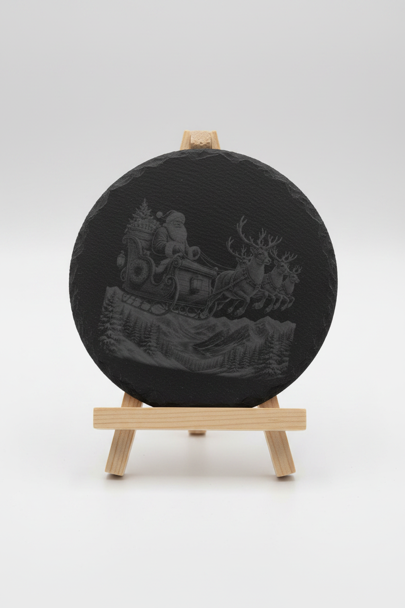 A round black slate coaster featuring an embossed design of Santa Claus in a sleigh pulled by reindeer over a mountain landscape, displayed on a small wooden easel against a light gray background.