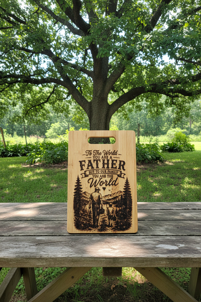 Wooden cutting board with engraved message and illustration of a father and child.