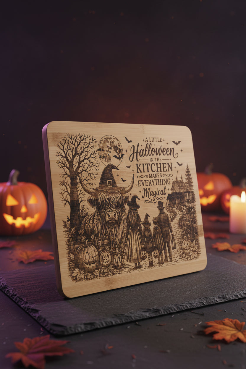 A rectangular wooden plaque with rounded corners, featuring a Halloween-themed engraved illustration and the phrase 'A Little Halloween in the Kitchen Makes Everything Magical.' The plaque is placed on a textured gray fabric surface.