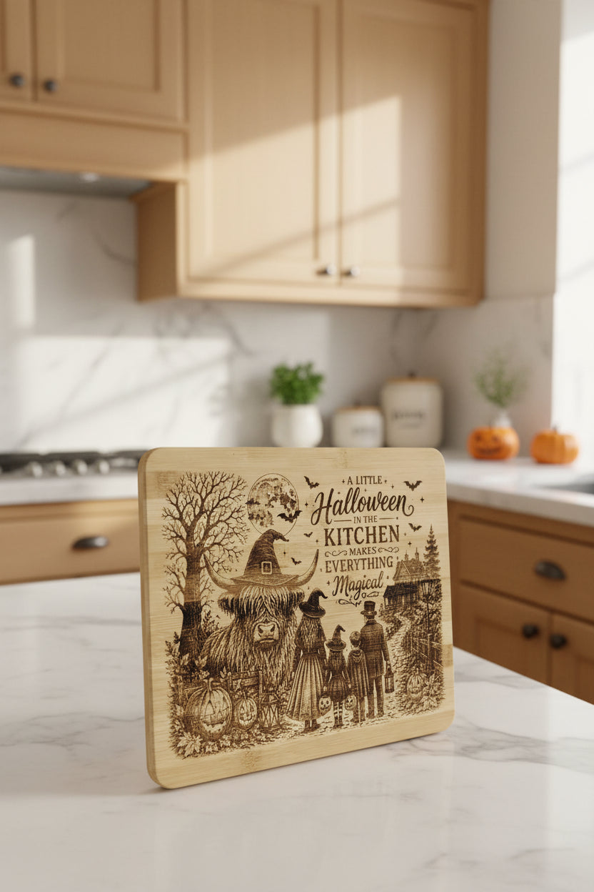 A rectangular wooden plaque with rounded corners, featuring a detailed Halloween-themed engraving and the text 'A LITTLE Halloween IN THE KITCHEN MAKES EVERYTHING Magical'. The plaque is placed on a textured gray fabric surface.