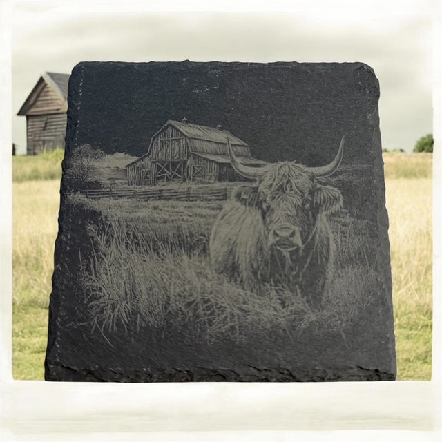 A rectangular dark slate plaque featuring a detailed engraved or printed depiction of a Highland cow in a field with a barn in the background, displayed outdoors on a grassy field with a cloudy sky.