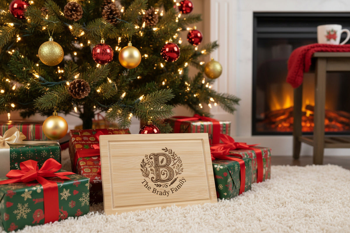 A rectangular light wood cutting board with a recessed border and a custom laser-engraved monogram 'B' with leafy branches and the text 'The Brady Family', shown on a gray textured background.