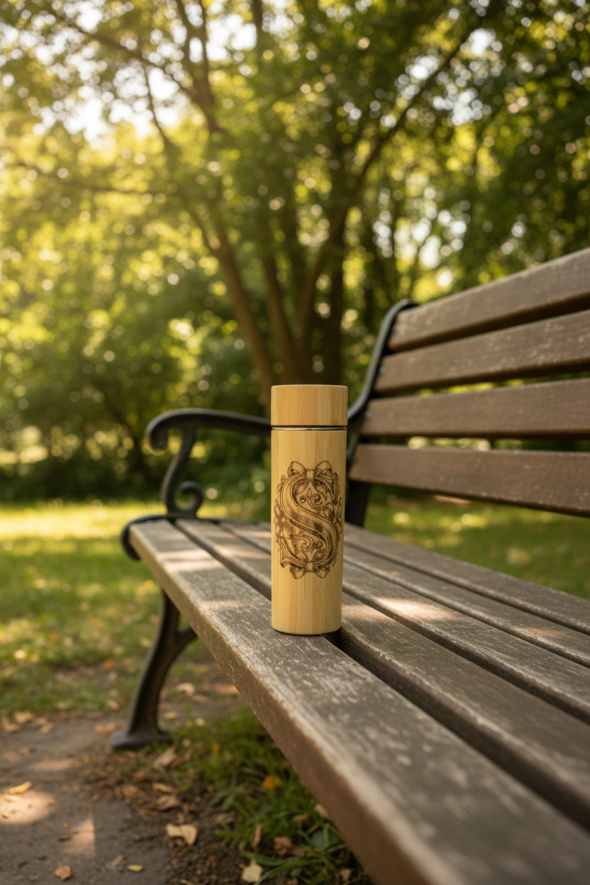 A bamboo insulated tumbler with a lid, featuring a dark engraved design of a gift box with a bow, set against a solid light blue background.