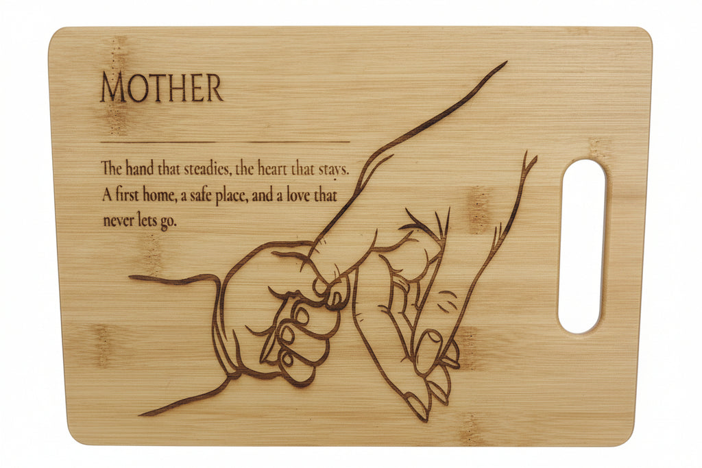 A personalized wooden cutting board with a handle, engraved with the word 'MOTHER', a touching quote, and an illustration of two hands holding.