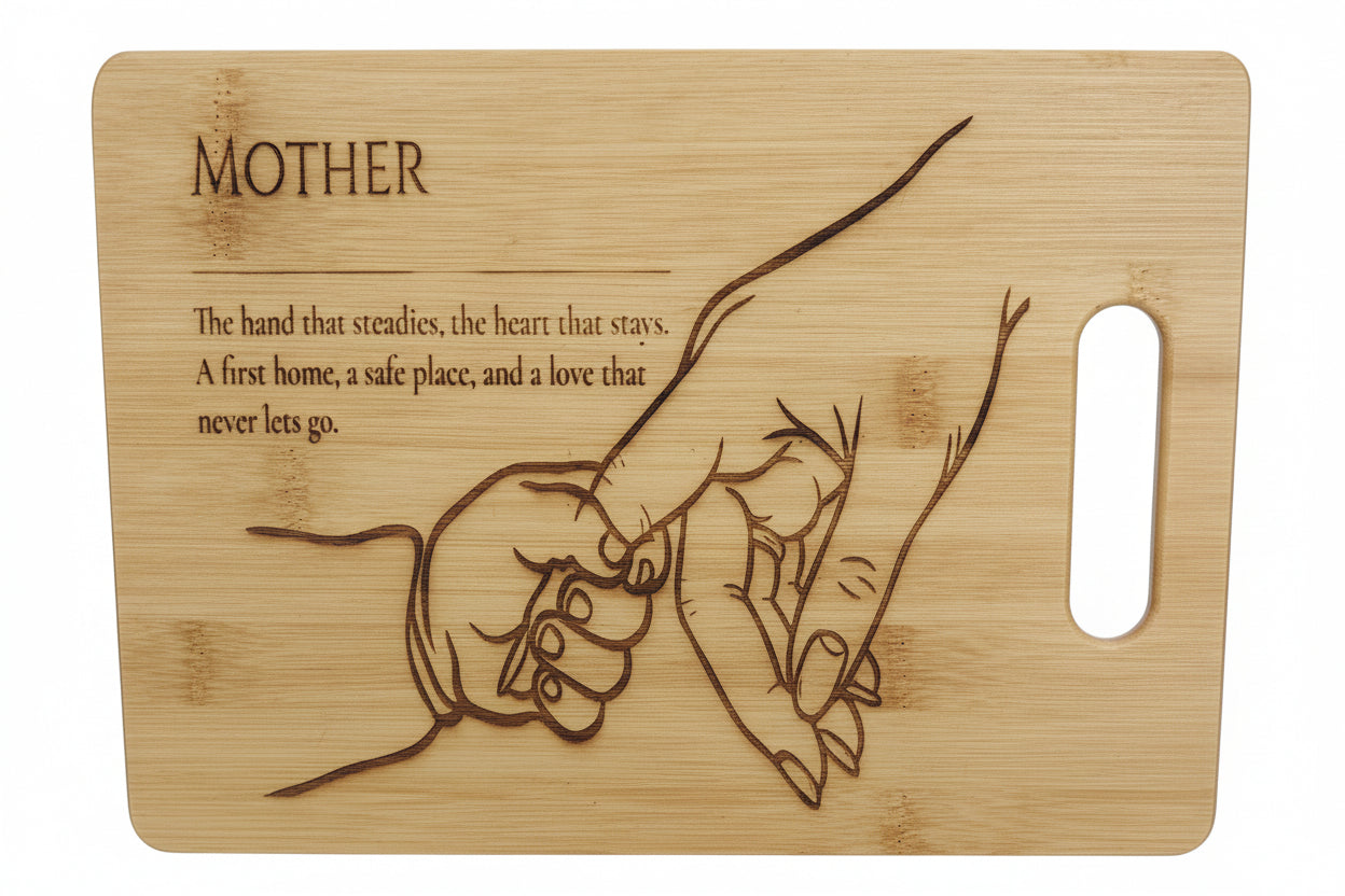 A personalized wooden cutting board with a handle, engraved with the word 'MOTHER', a touching quote, and an illustration of two hands holding.