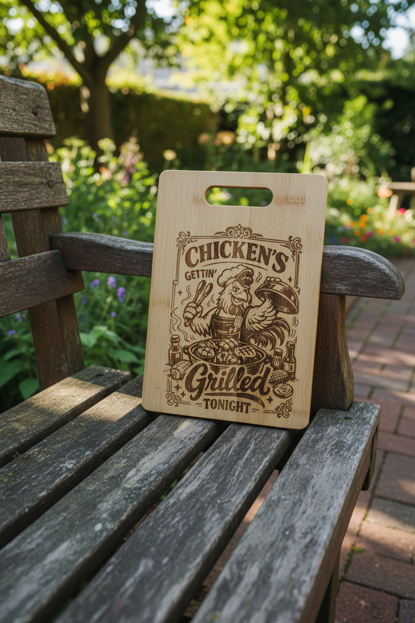 Wooden cutting board with a engraved design of a chef and chicken, text 'Chicken's Gettin' Grilled Tonight', on a wooden surface.