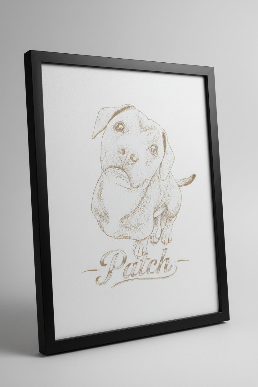 A custom pet portrait print featuring a hand-drawn sketch of a puppy in brown ink on white paper, with the name 'Patch' written in cursive script below.