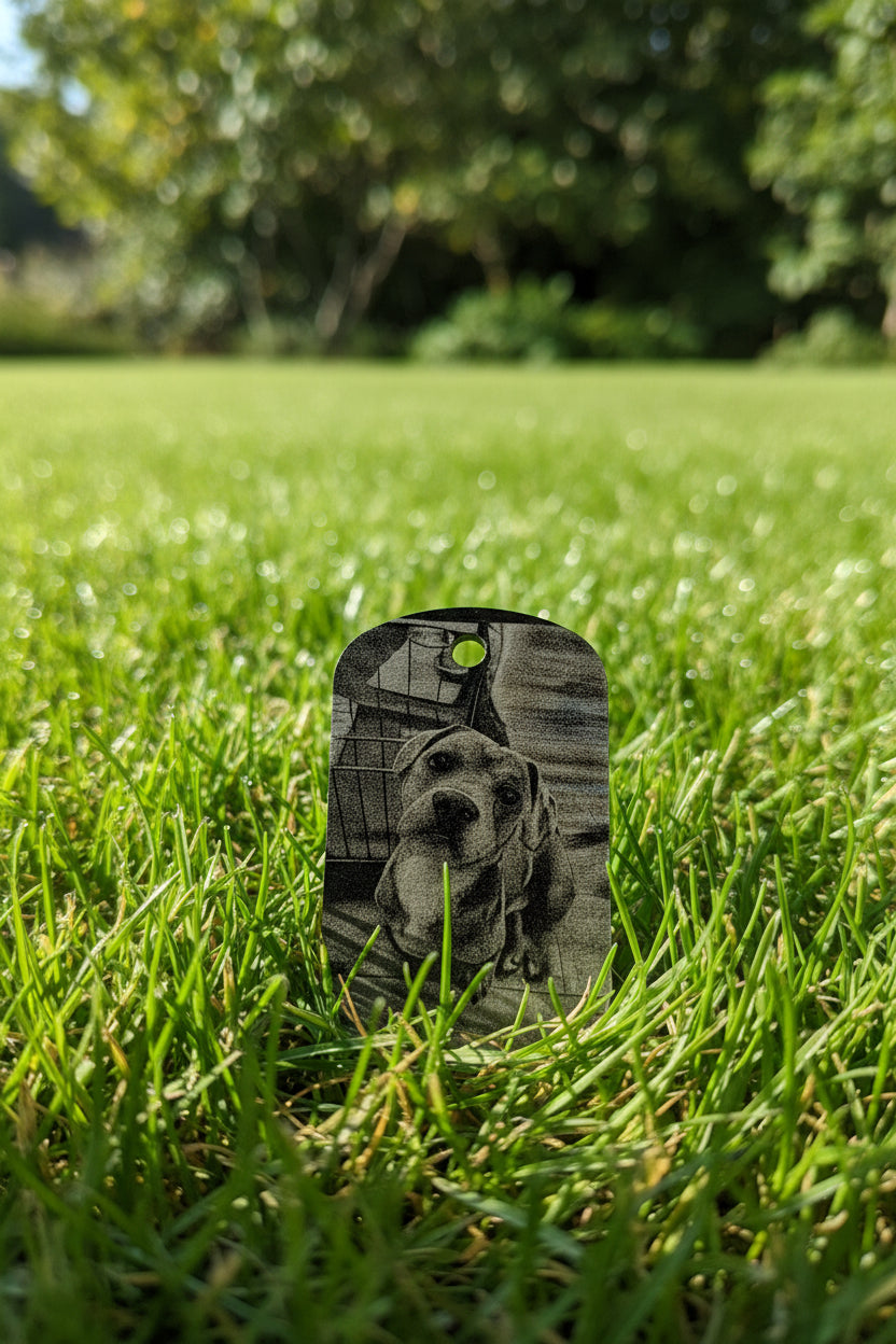A custom dog portrait printed on a black dog-tag style phone stand, placed on a textured beige fabric background.