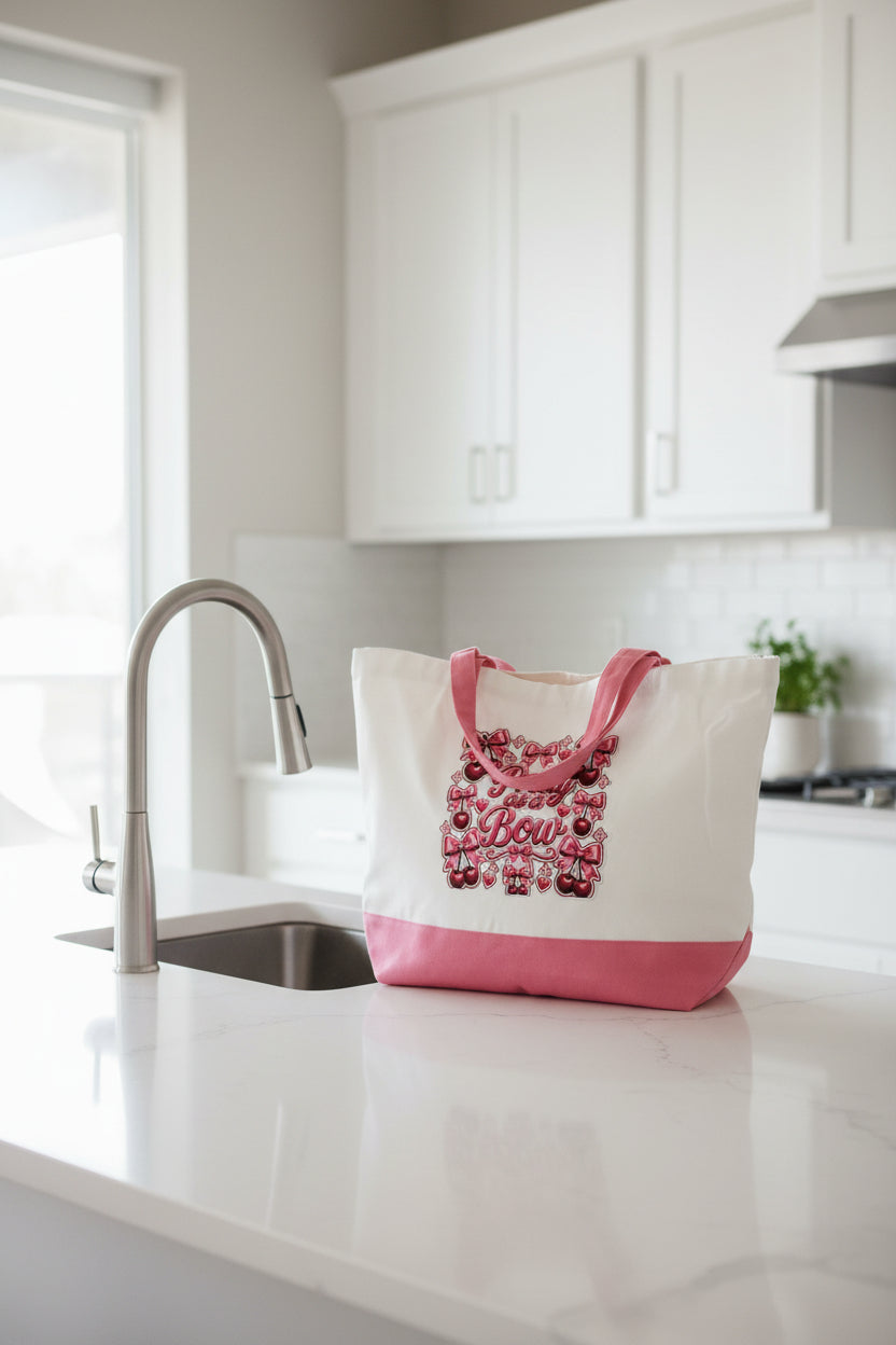 A white canvas tote bag with pink handles and a pink bottom band, featuring a central graphic that reads 'Pretty as a Bow' in pink script surrounded by bows, cherries, and hearts.