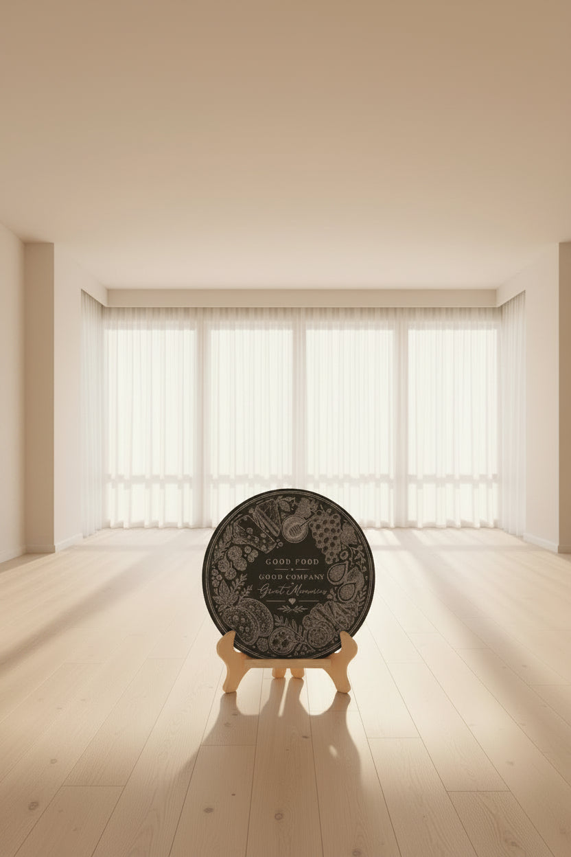 A round black coaster with white engraved illustrations of food and the text 'GOOD FOOD GOOD COMPANY Great Memories', placed on a beige textured fabric surface.