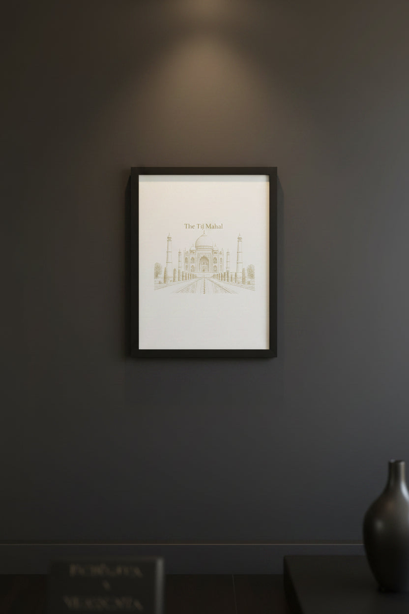 A square art print featuring a sepia line drawing of The Taj Mahal, displayed on a textured gray fabric surface.