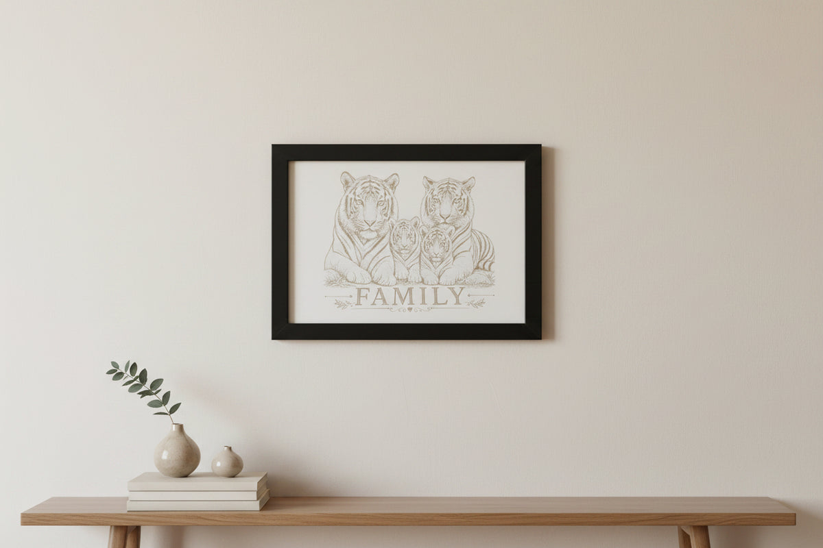 A square white print or card featuring a detailed line drawing of four tigers with the word 'FAMILY' beneath them, placed on a textured gray fabric surface.
