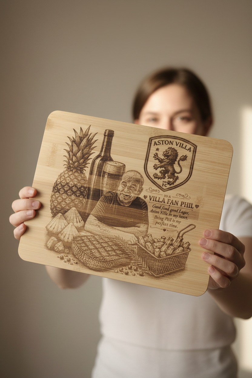 Person holding Aston Villa chopping board